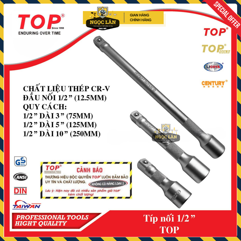 [Chính hãng TOP] Típ nối, đầu tuýp nối TOP 1/2", 1/4" dài đủ cỡ thép CRV cao cấp