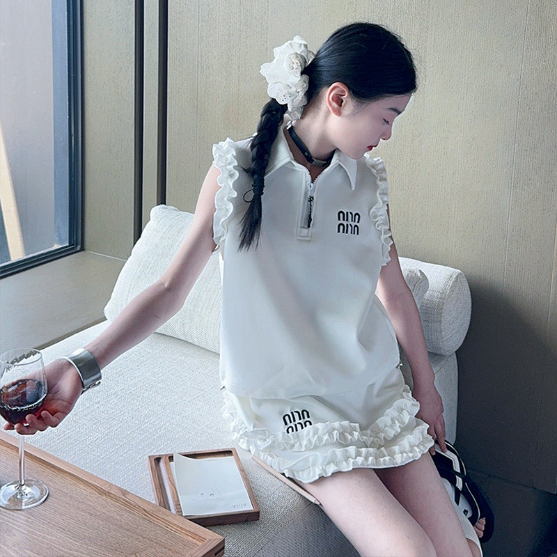 Bộ đồ ren thời trang bé gái Phiên bản Hàn Quốc Áo cổ polo trắng + Váy eo cao Bộ đồ hai mảnh