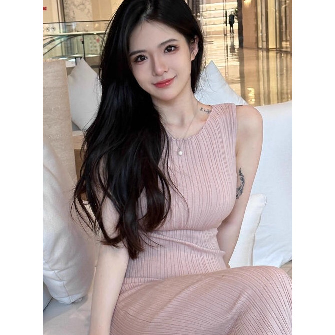 SUXI Váy dài kiểu Pháp cổ tròn không tay, phong cách đơn giản cho mùa hè
