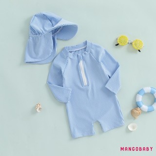 MG-Kids Bé Trai Dài Tay Đồ Bơi Mùa Hè Sọc In Dây Kéo Rash Guard Đồ Bơi Và Mũ Đi Biển Bộ Đồ Tắm