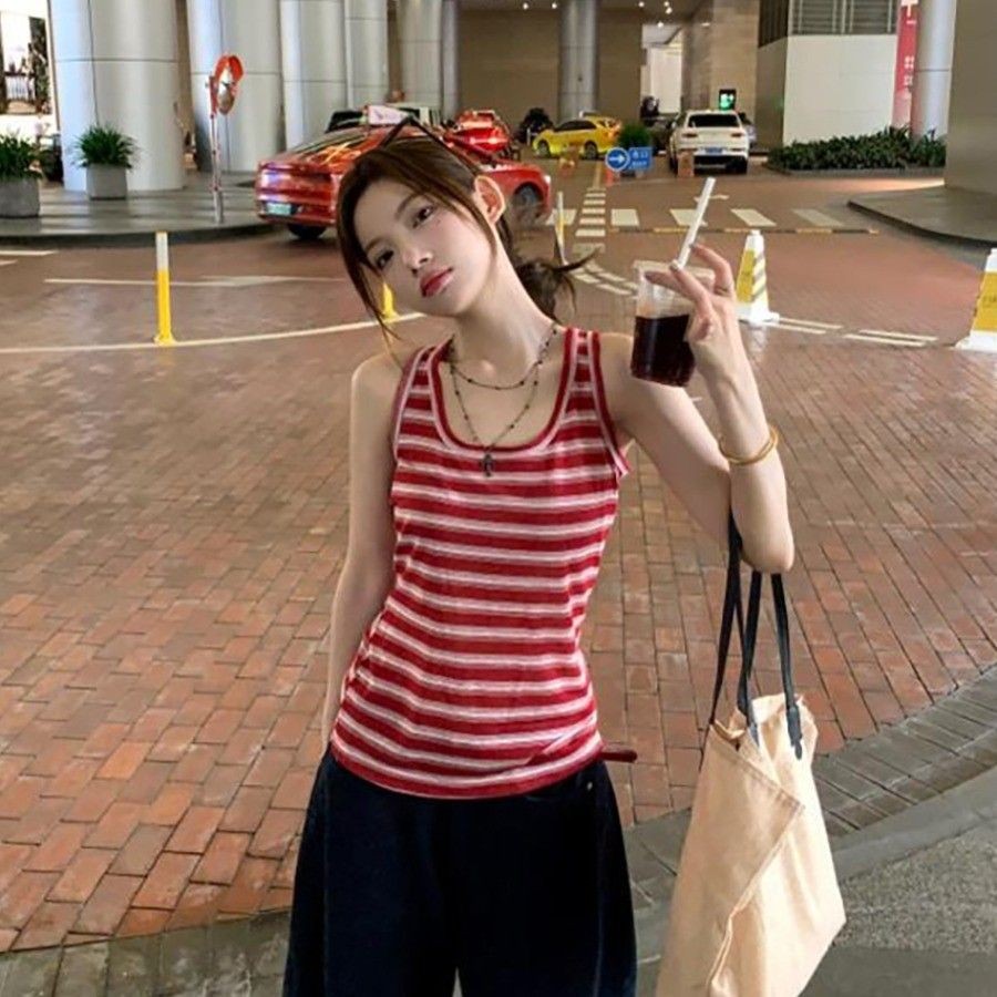 Sling Nữ Retro Sọc Đỏ Cổ Dây Gợi Cảm Mỏng Độc Đáo
