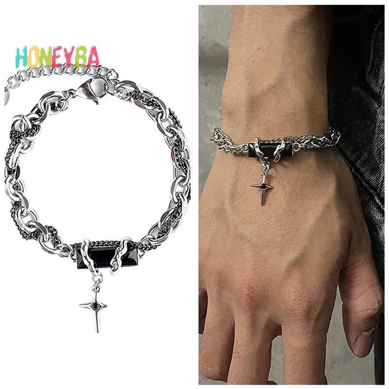 < Honeyba > Vòng tay ngôi sao Zircon màu đen cổ điển dành cho nữ Quà tặng xu hướng Dây chuyền kim loại Unisex Goth Trang sức Cặp đôi mới Phụ kiện