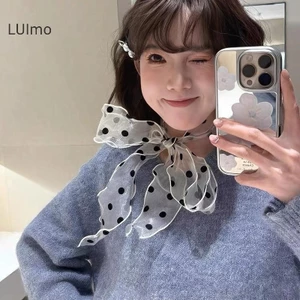 Khăn ren lưới chấm bi thời trang cho nữ mùa hè, kèm dây ruy băng