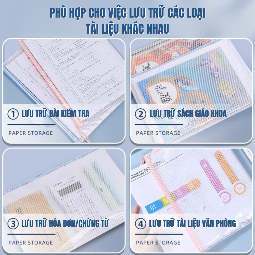 Túi Đựng Tài Liệu Trong Suốt A4 - Túi Lưới Nhiều Màu Đa Năng, Khóa Kéo Tiện Dụng, Giúp Sắp Xếp Hồ Sơ Ngăn Nắp