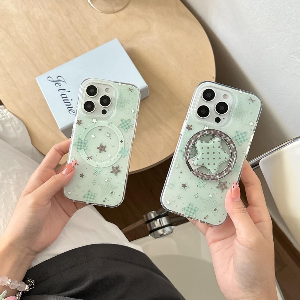 Ốp lưng cứng Tương thích với iPhone 13 13Pro 13ProMax 14 14Pro 14ProMax 15 15Pro 15ProMax 16 16Pro 16ProMax 17 17Pro 17ProMax Vỏ nam châm họa tiết ngôi sao màu xanh lá cây màu nâu bạc hà