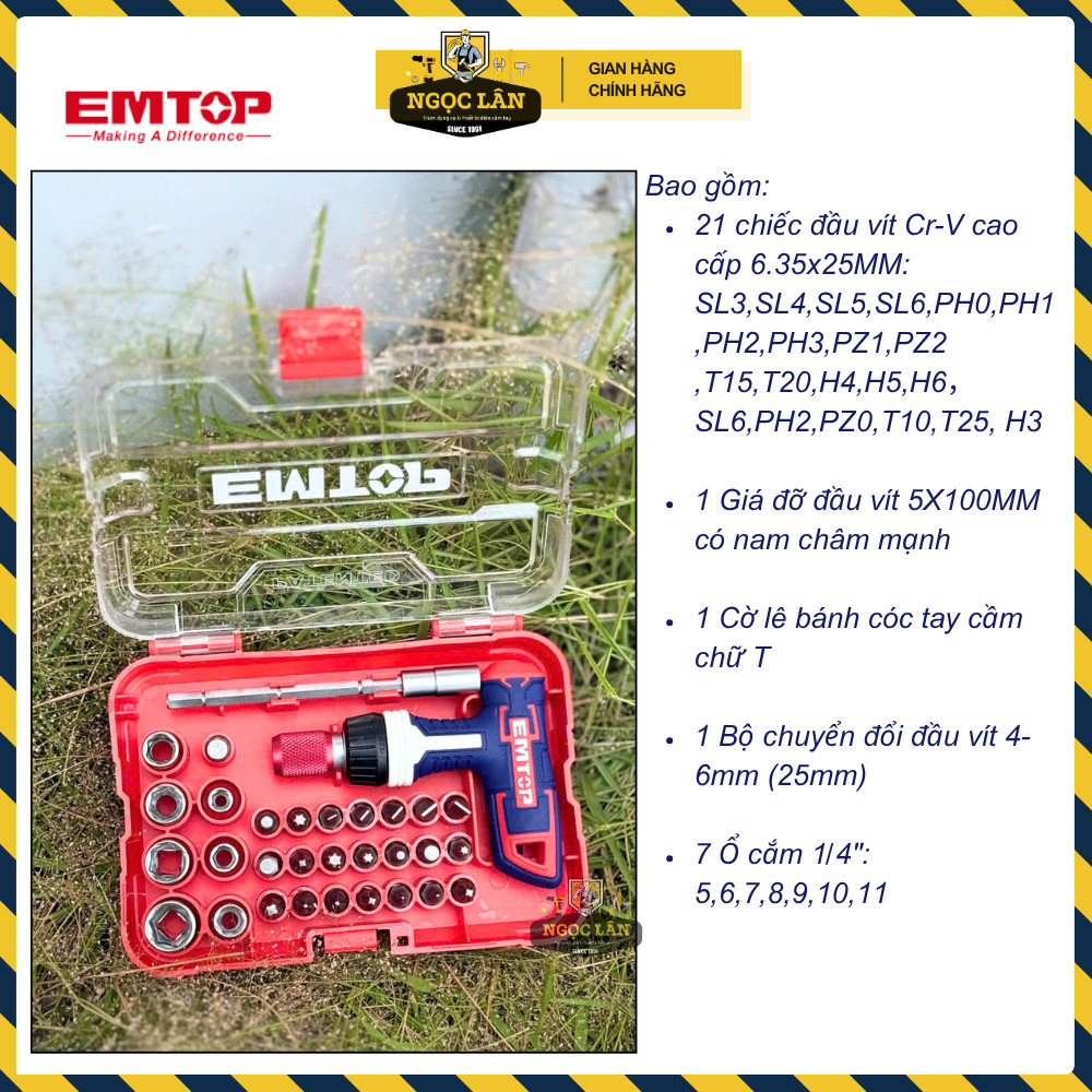 [Chính hãng] Bộ tua vít đa năng 31 chi tiết EMTOP tay cầm chữ T, đóng mở 2 chiều, đầu tuýp CR-V