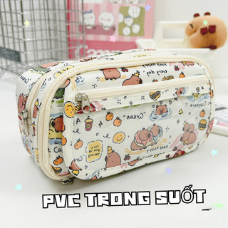 Hộp túi đựng bút 3 ngăn khóa kéo trong suốt dễ thương Capybara, My Melody