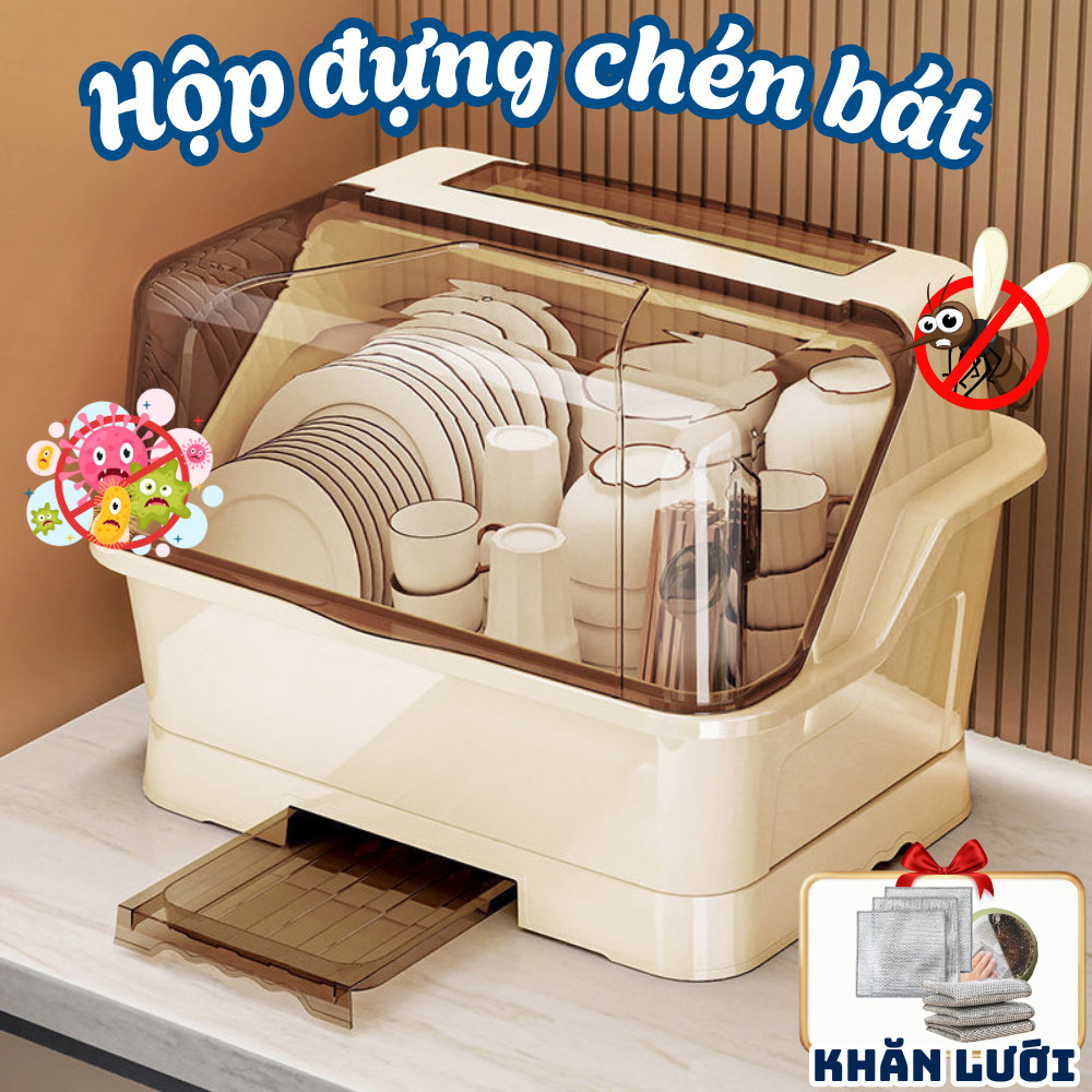 [SẴN] Hộp Đựng Chén Bát Có Nắp Đậy Kín Chống Bụi, Giá Úp Bát Đĩa Tích Hợp Khay Đựng Đũa Thông Minh
