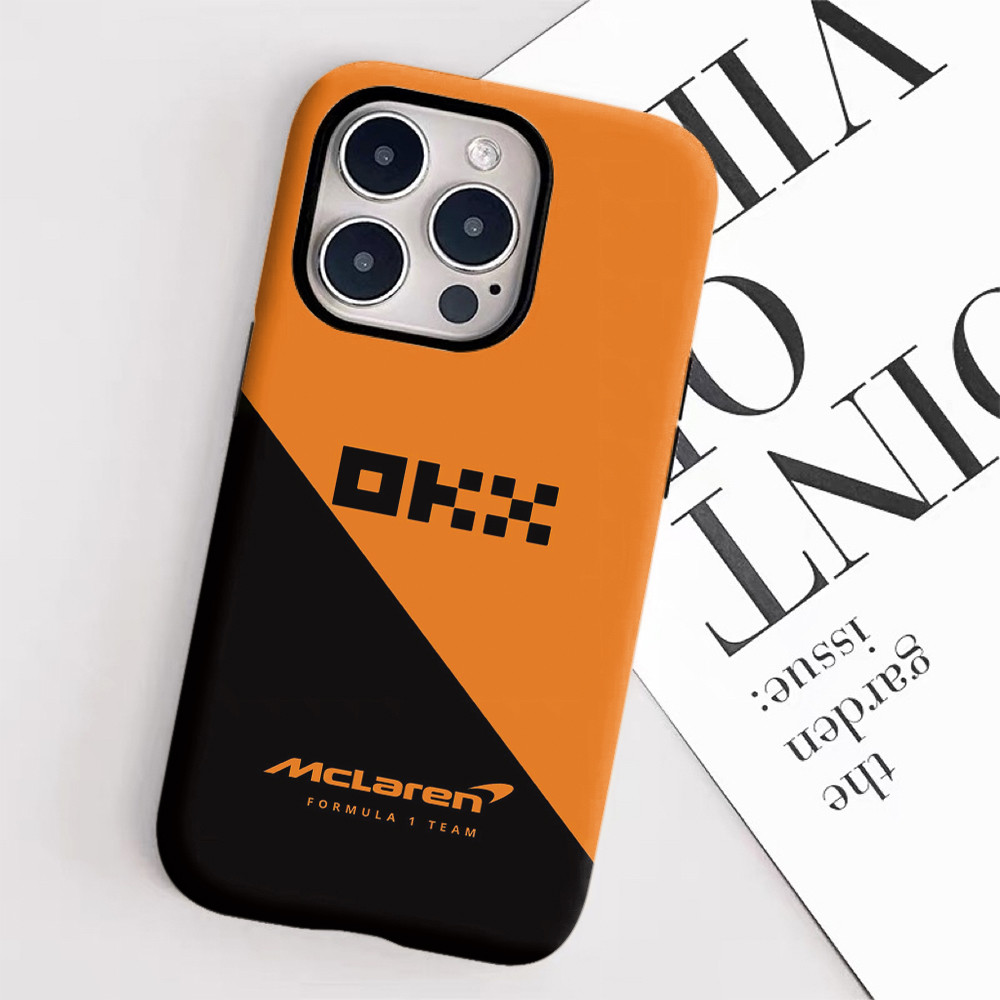 Ốp điện thoại nền đen và cam McLaren cho iPhone 17 16 15ProMax 14Pro 13 12 13mini Samsung S24 S22 S25 2in1 ốp lưng cứng bóng