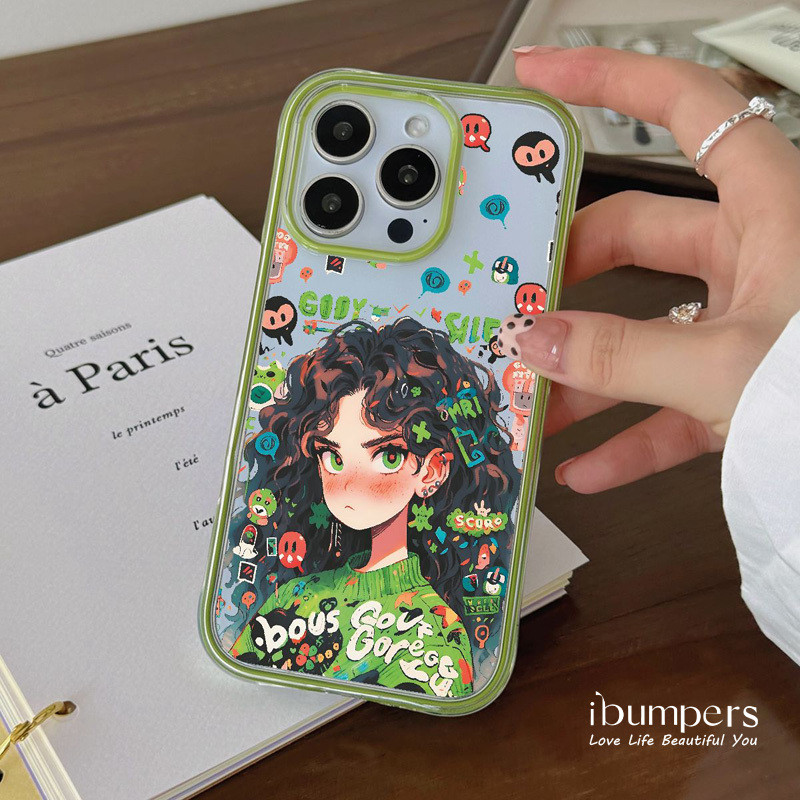 ibumpers Ốp Điện Thoại iPhone Thẩm Mỹ Áo Len Xanh Xoăn Họa Tiết Cô Gái Tóc Cho IPhone 11 12 13 14 15 16 Pro Max Ốp Lưng Acrylic Trong Suốt Viền Màu Tinh Khiết