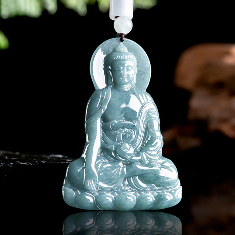 Tự Nhiên Một Hàng Ngọc Xanh Nước A Di Đà Ngọc Mặt Dây Chuyền Tathagata Phật Thần Hộ Mệnh Benming Phật Nam Nữ Mặt Dây Chuyền