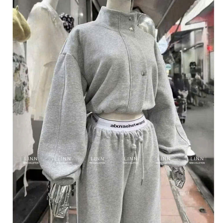 Bộ Nỉ Croptop Khuy Bấm Mix Quần Ống Suông KCloset Màu Xám Tiêu Siêu Hách Dáng NA982