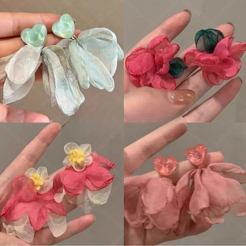 Bông Tai Hoa Voan Pháp Thời Trang Nữ Hàn Quốc Bông Tai Đơn Giản