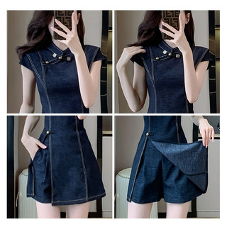 [Giảm Giá Khách Hàng Mới] Quần Short + Đầm Denim Bộ Đồ Hai Mảnh Nữ Khóa Retro Phong Cách Trung Hoa Tính Khí Phong Cách Mới