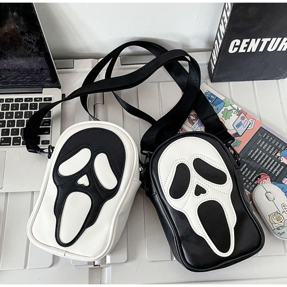 Túi ma quỷ GUSTAVA, Túi đeo chéo Halloween cổ điển bằng da PU, Gói Fanny trắng đen thông thường Unisex