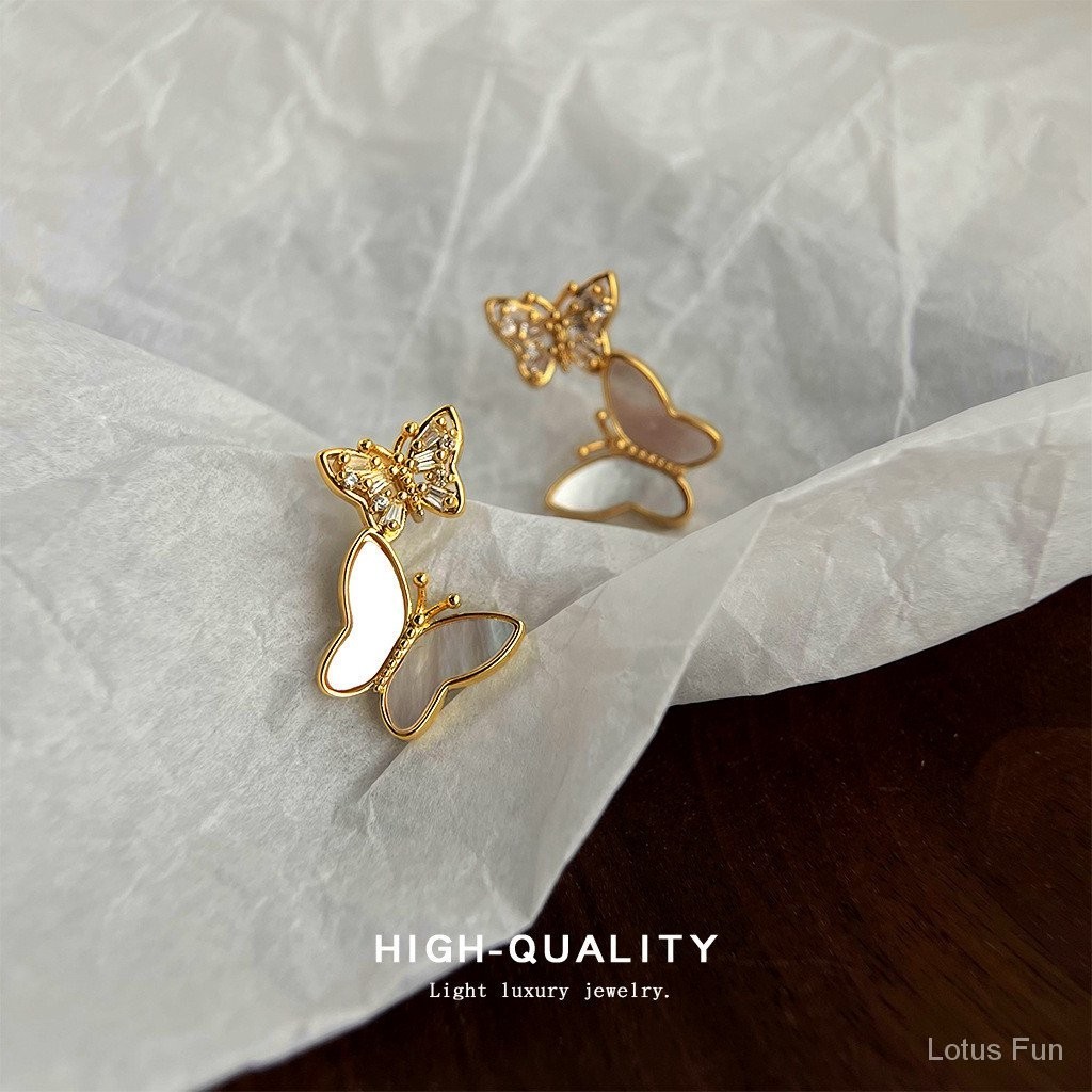 Bông Tai Bướm vỏ sò 14k mạ Zircon kim bạc Hoa tai đi làm thời trang đơn giản khí chất thanh lịch ngọt ngào