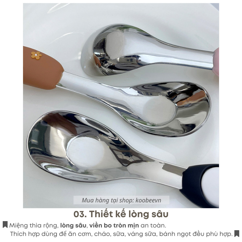 Thìa Ăn Dặm Inox 304 Cho Bé KOOBEE – Tay Cầm Hoạt Hình 3D Đáng Yêu | Dùng Ăn Cơm, Cháo, Sữa Chua, Váng Sữa |129