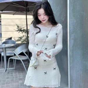 Đầm ren tay loe đính nơ LDD381 Nữ