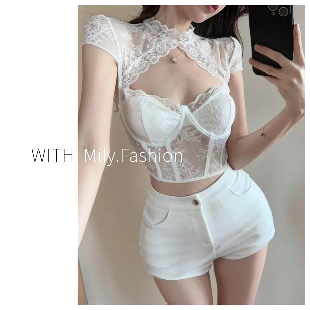 Milyfashion Nữ Sling Rỗng Mỏng Hơn Nhìn Gợi Cảm Xương Cá Nẹp Eo Ren Tay Ngắn Ngắn Top Bé tee