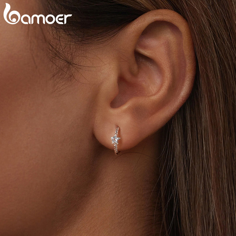 Bông tai bạc Bamoer 925 Sterling Thiết kế ngôi sao lấp lánh Quà tặng trang sức dành cho nữ.