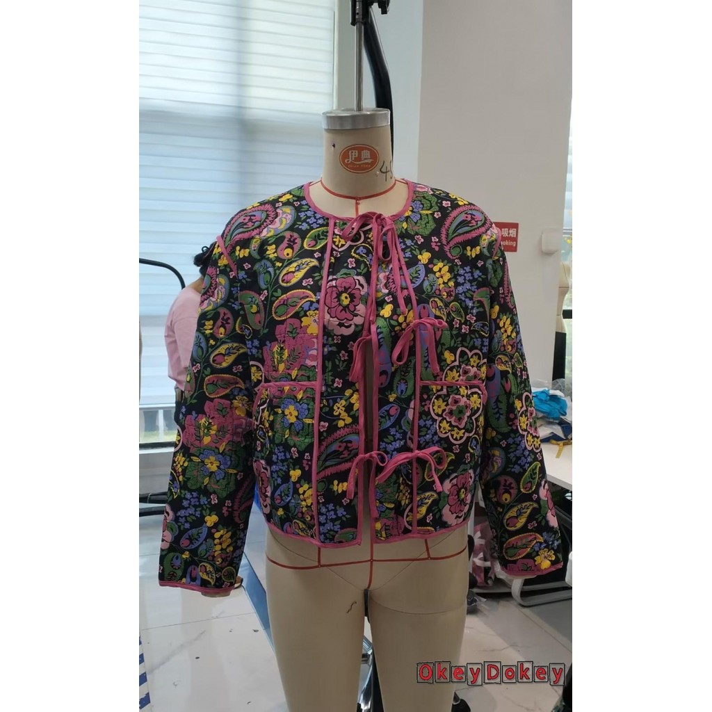 Okdk-nữ Paisley In Quilted Tie Áo Khoác Trước Mùa Đông Thanh Lịch Dài Tay Buộc Hoa Ấm Áp Áo Khoác Thường Ngày