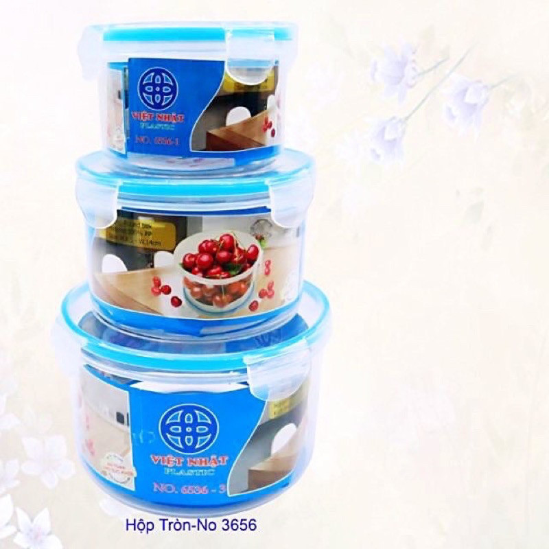 Hộp đựng thực phẩm dáng tròn nắp cài chắc chắn - Hộp đựng thức ăn để tủ lạnh combo 3 size GLCC