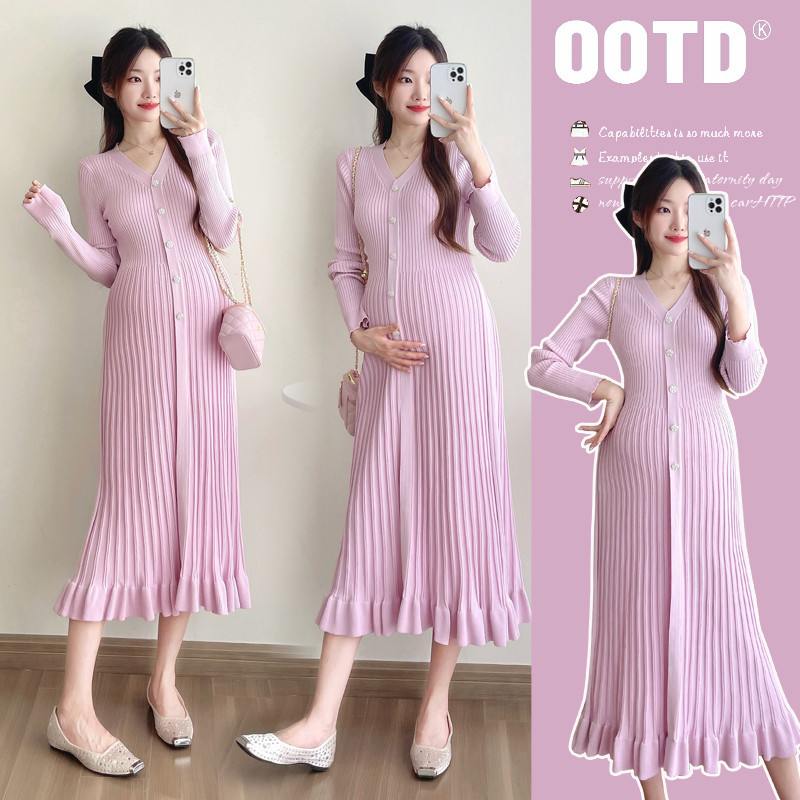 Trang phục bà bầu Thu Đông 2024 Thời trang Cổ chữ V xếp li Đan bà bầu Slimer Nhìn bà bầu