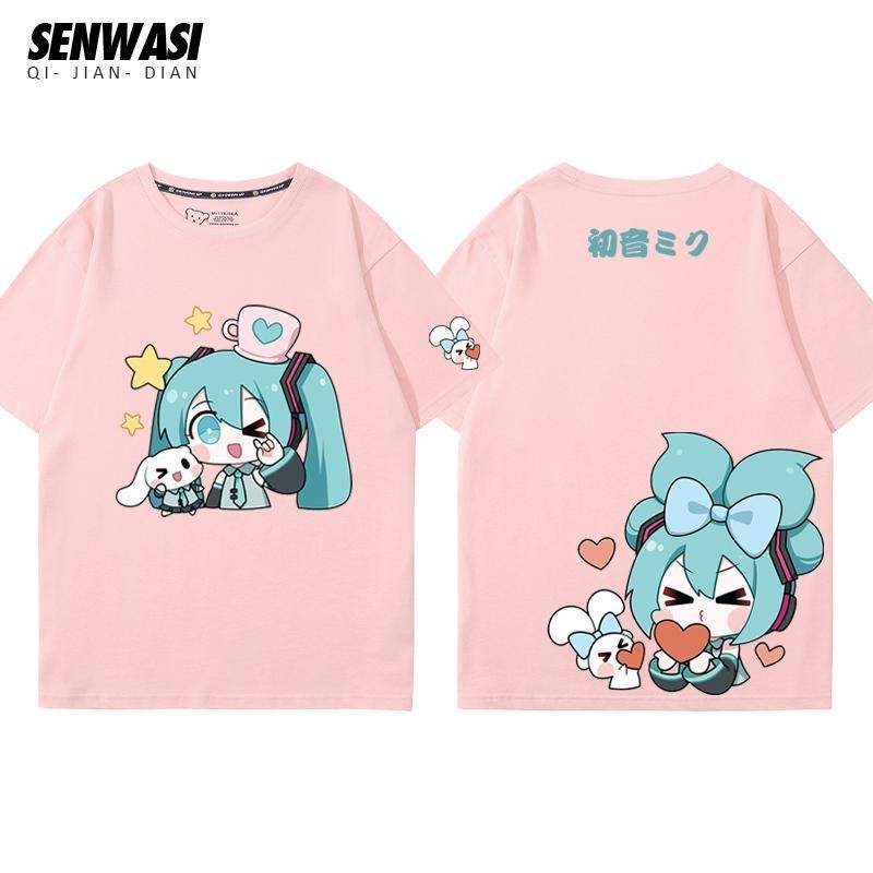 Áo thun cotton cỡ lớn hình in Quế Dog & Miku, dáng rộng unisex, cổ tròn, phù hợp cặp đôi