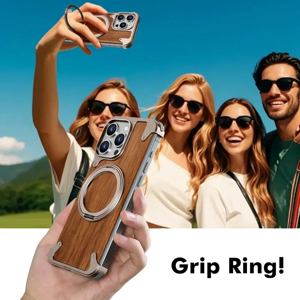 Ốp Điện Thoại Từ Tính Cho iPhone 17 16 15 14 Pro Max Gỗ Chống Sốc Bảo Vệ Với 360° Giá đỡ vòng xoay