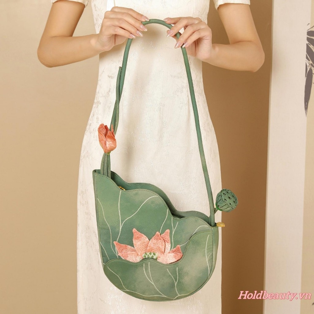 Ví đeo vai hoa cho nữ Túi xách đính hoa sen cổ điển Túi mua sắm nhẹ