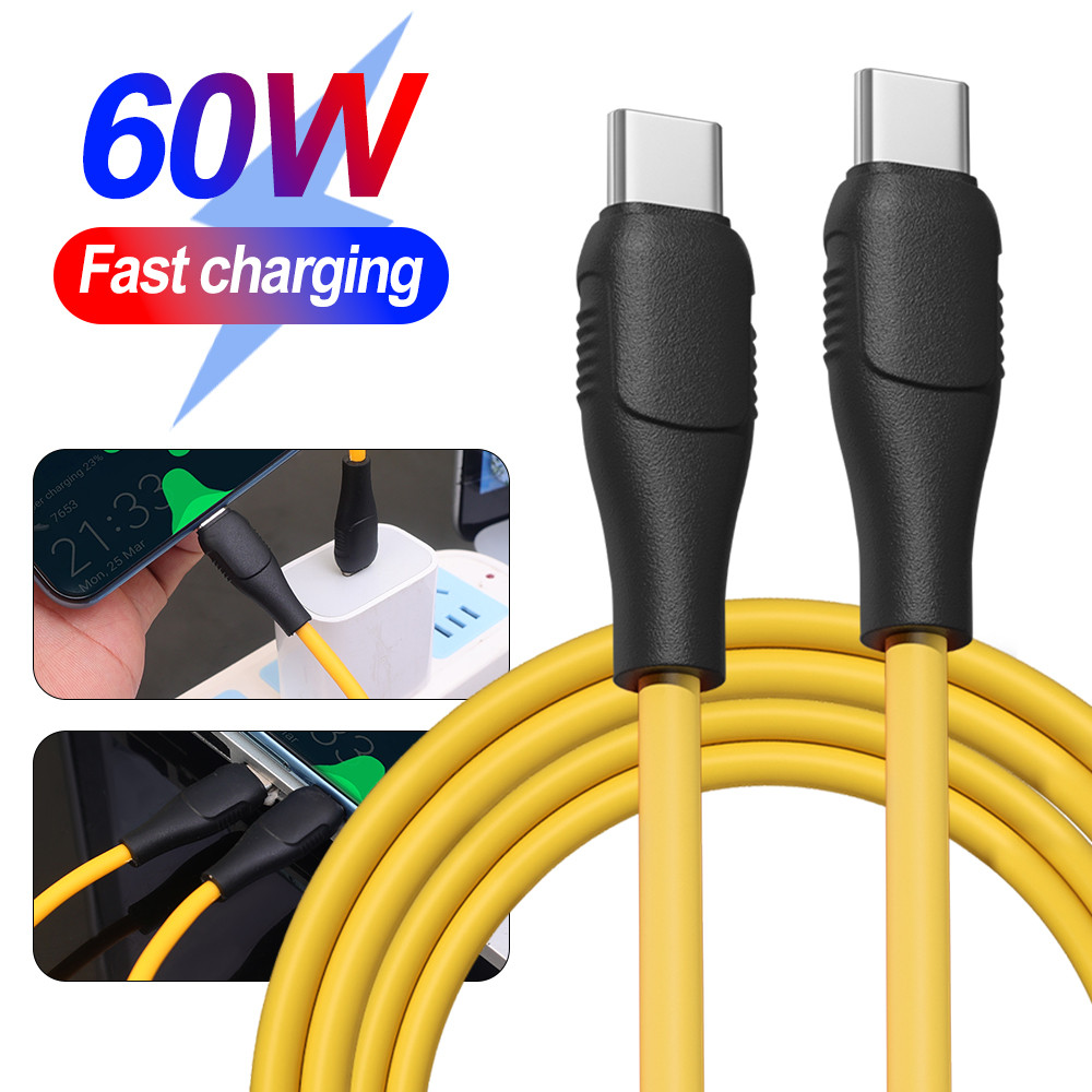 Cáp sạc USB-C di động 60W - Dây truyền dữ liệu Type-C hai đầu - Phụ kiện sạc màu vàng thực tế