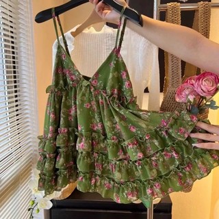 Camisole cổ chữ V xanh rời họa tiết bánh xù ngọt ngào, phong cách ngày lễ cho áo vest nữ mùa hè ôm body siêu đẹp