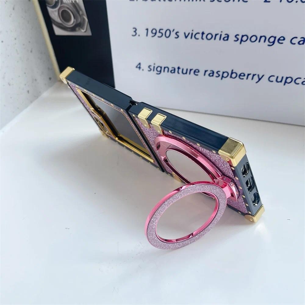 Mạ Bling Long Lanh Dễ Thương Nữ Tính Ốp lưng Gương Giá Đỡ Từ Tính Thích Hợp Cho Samsung Galaxy ZFlip 6 5 4 3 5G Ốp Lưng Bảo Vệ Vỏ Chống Sốc