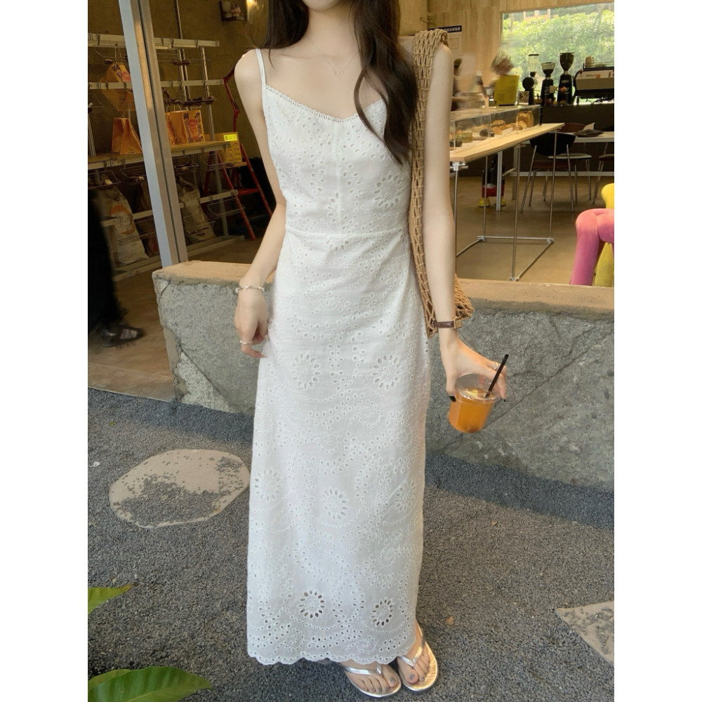 SUXI Váy dài không tay thêu đơn giản mùa hè mới dành cho nữ 250716