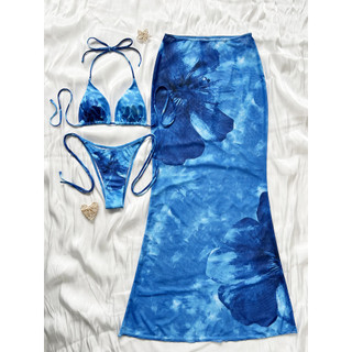 Đồ bơi ba mảnh bikini nữ với dây màu xanh và voan dài