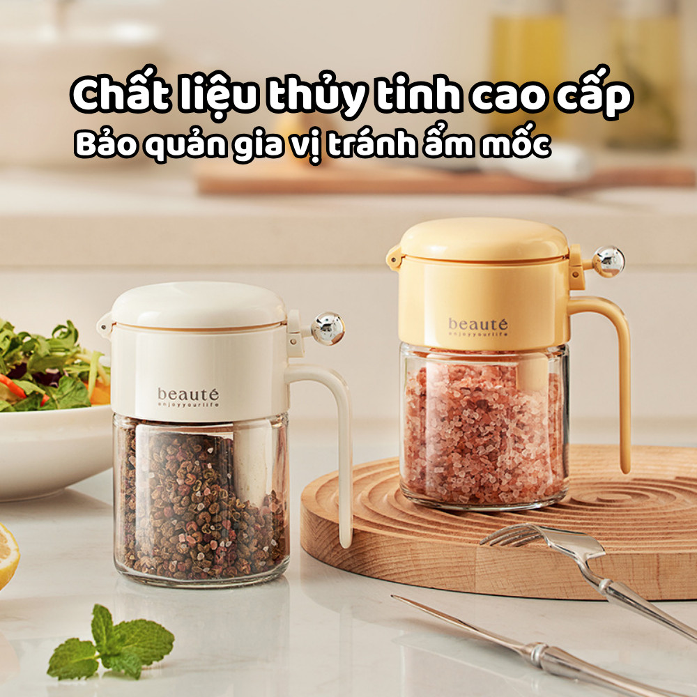 Lọ Đựng Gia Vị Thủy Tinh Kèm Muỗng, Nắp Bật Tự Động Chống Ẩm Ướt, Ngăn Vi Khuẩn