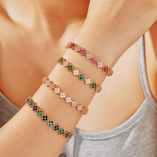 Vòng tay cỏ ba lá nữ với họa tiết kẻ sọc kim cương zircon nhiều màu sắc, phong cách châu âu hiện đại