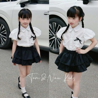 S225-Set áo sơ mi tay bèo phối chân váy tầng cho bé gái size từ 8-30Kg