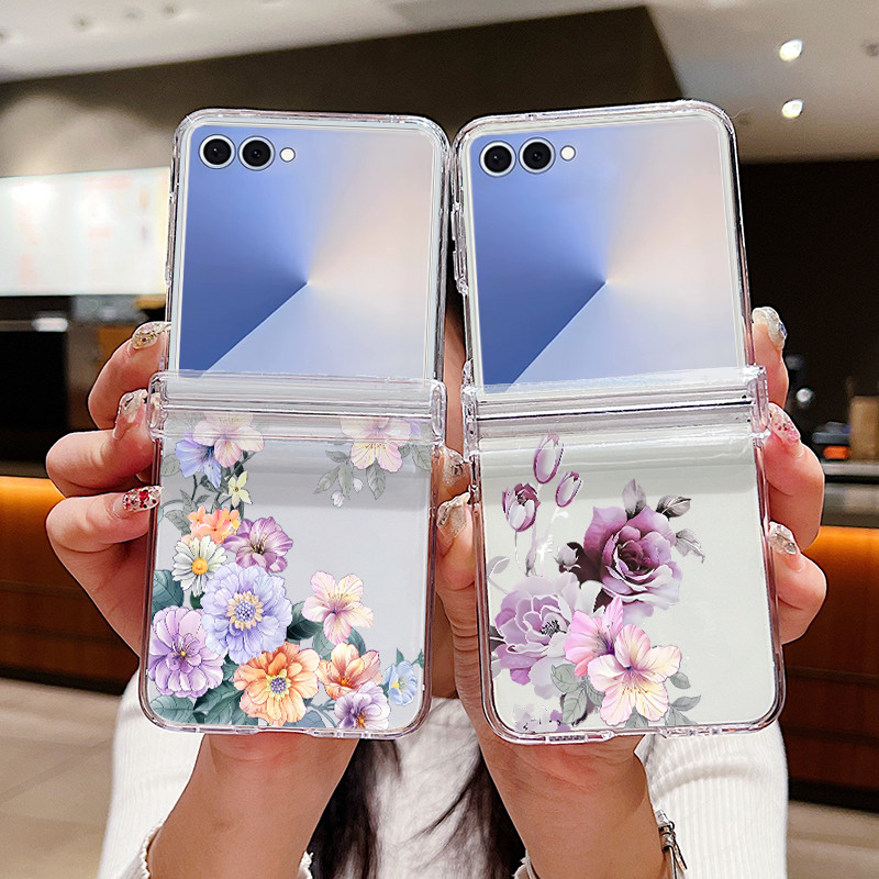 Hoa Họa Tiết Trong Suốt Ốp Lưng Điện Thoại Samsung Galaxy Z Flip 7 Flip 6 Flip 5 Flip 4 5G Full Bản Lề Cứng PC Gấp Bao Dành Cho Samsung Z Flip7 Flip6 Flip5 Flip4 Flip3
