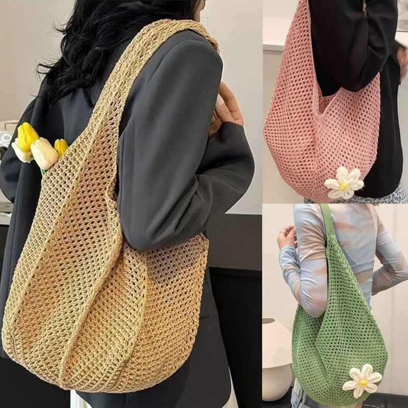 Túi cói dệt thủ công,Túi Cói Nữ Đi Biển Đi Du Lịch,Phối Quai Đeo Vai Da Túi Tote Nữ Kiểu Lưới