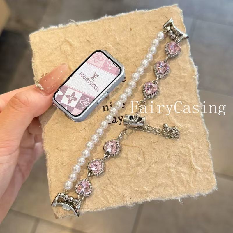 Vòng tay ngọc trai hình trái tim đính kim cương cho Huawei Band 11 pro 10 9 8 Dây đeo cho Huawei Band Fit3 4 2 Phụ kiện có thể thay thế