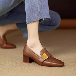 Loafers Size Lớn Nữ Mũi Vuông 2025 Loafer Nữ Retro Sang Trọng Da Mềm Thoải Mái Dày Gót Phong Cách Anh Quốc Giày Da Nhỏ