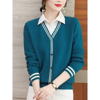 Áo sơ mi cổ len dệt kim nữ, phù hợp mọi mùa, phong cách Hàn Quốc