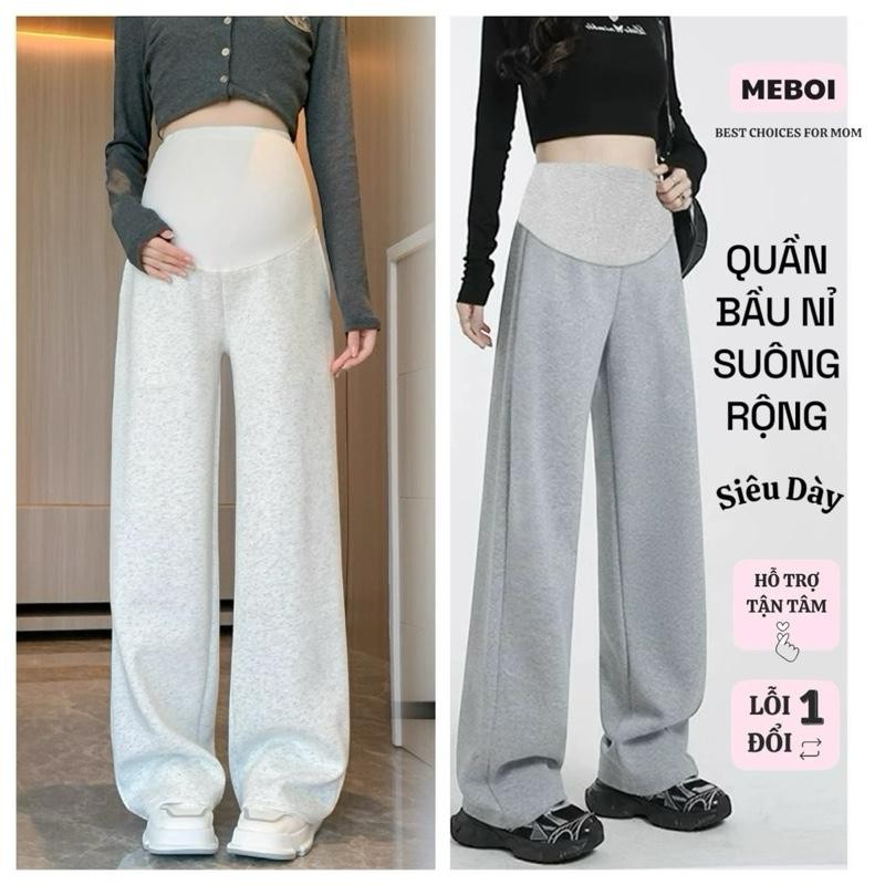 [Nỉ Ấm] Quần Bầu Nỉ 2Da Suông Rộng Hàng Koại Đẹp mặc Thu Đông có đáp đỡ bụng kèm chun khuy chỉnh size NI06