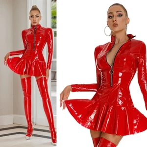 Treeling Shines Giả Da Đầm Nữ Kim Loại Đầm Bóng Xếp Ly Cao Su Đầm Dài Tay Câu Lạc Bộ Đảng Mini Dres