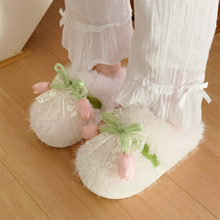 【Mới】 Xixitiao Dép bông Ngôi nhà giải trí mùa đông Tulip Pháp thoải mái dành cho phụ nữ