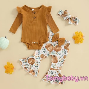 3 Bộ trang phục bé gái Áo liền quần dài tay + Đáy chuông bí ngô + Bộ băng đô