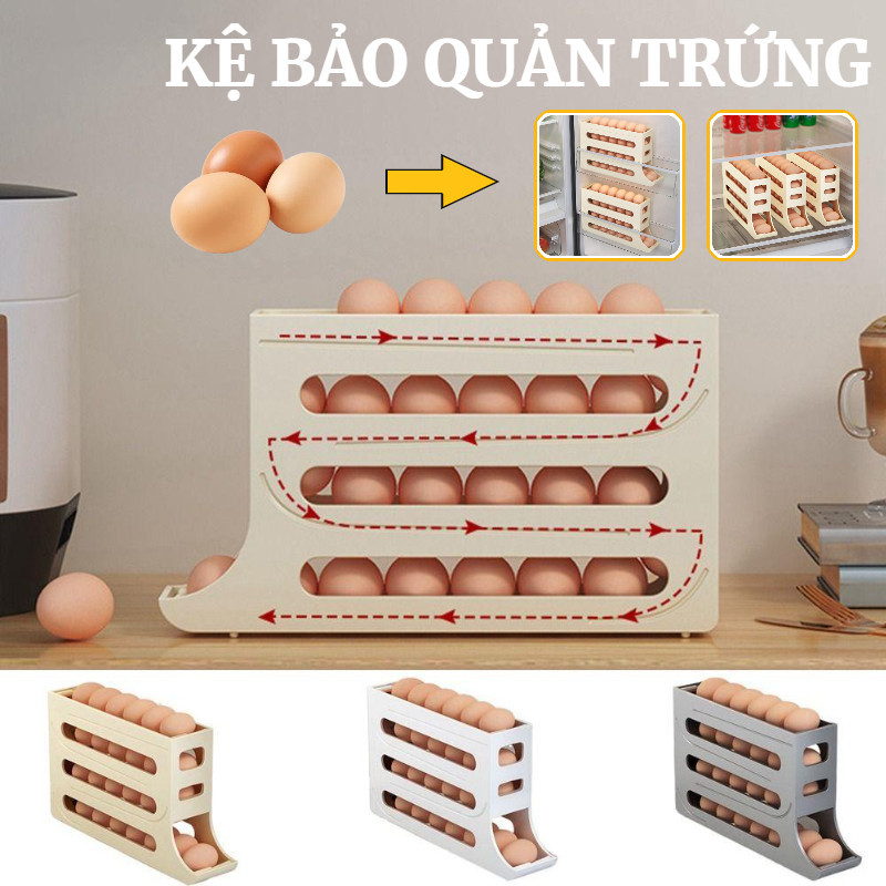 4 Tầng Khay Đựng Trứng Cuộn Tự Động Tiết Kiệm Không Gian Cho Tủ Lạnh Giá Đỡ Trắng Vàng