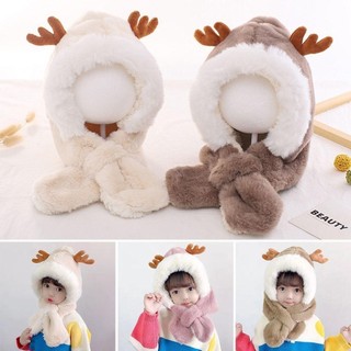 Mũ trẻ em JKDESIGN có khăn quàng cổ, Khăn quàng cổ tích hợp hoạt hình sang trọng cho trẻ em, Mũ bảo vệ tai thông thường ấm áp dễ thương cho trẻ em