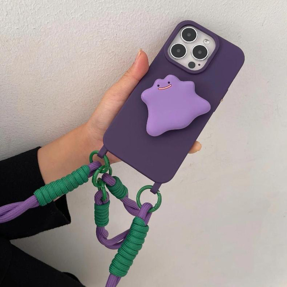 Giá đỡ ma màu tím + Vỏ điện thoại dây ngắn dài cho iPhone 17 Pro Max 17 Air 16Plus 15 14 13 12 11 Pro Max IX Vỏ bảo hiểm toàn diện Vỏ bảo vệ chống sốc